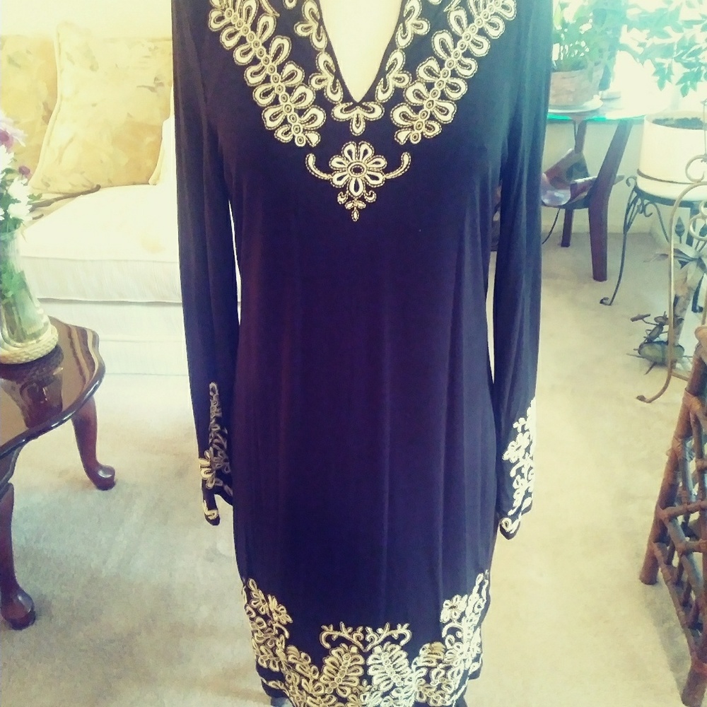 INC Black Dress with Cream Embellishments Size M